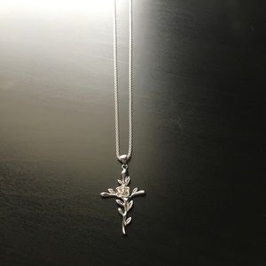 Silver Cross With Rose Necklace